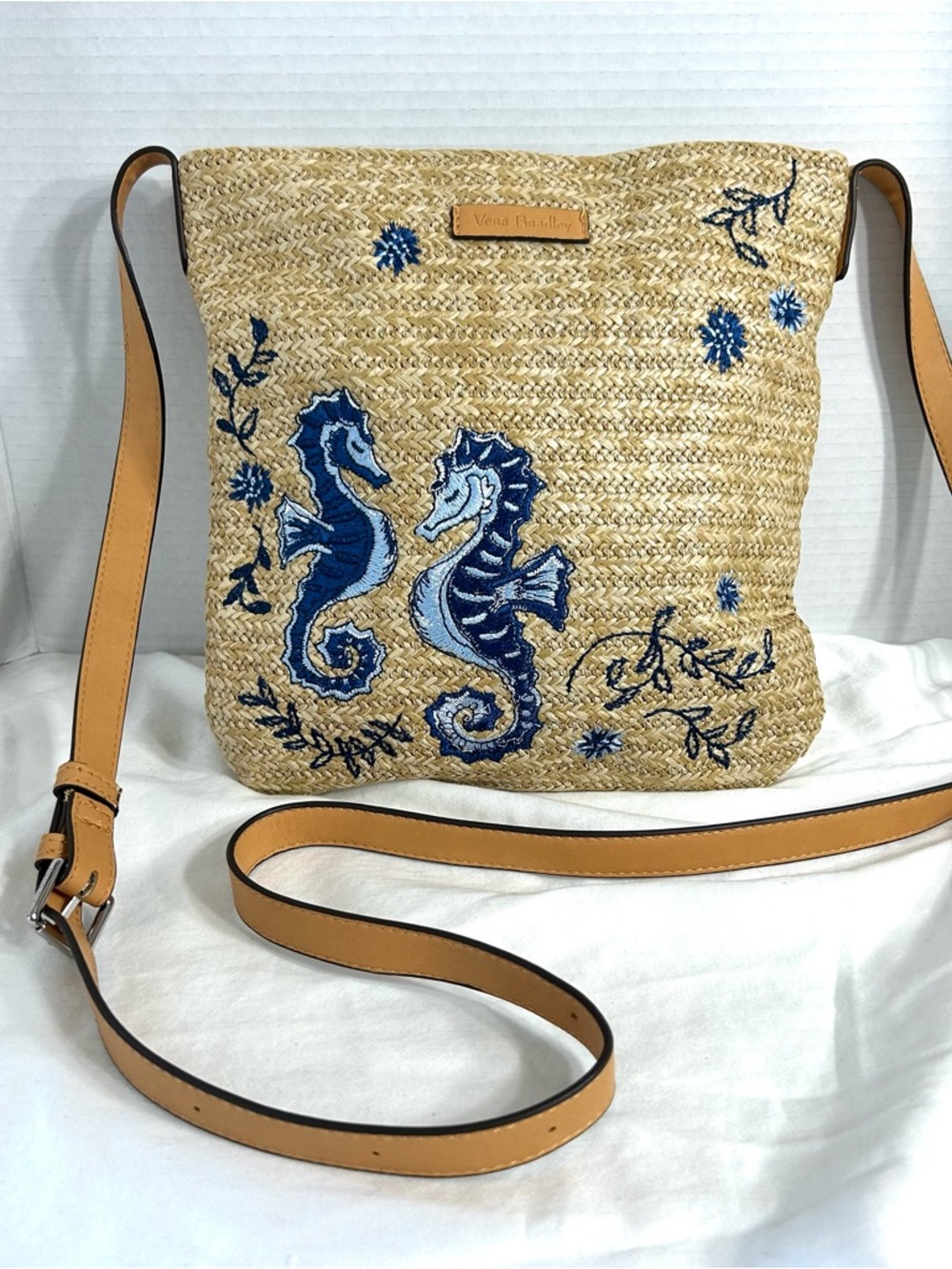 Vera Bradley Natural Sea Life Crossbody Bag Tan Straw Seahorse Embroidered Beach